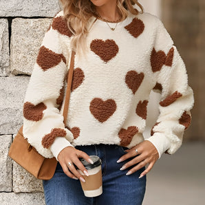 Cozy Women's Fluffy Heart Pullover - Winter Sherpa Sweater