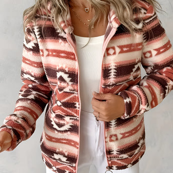 Cozy Women's Southwestern Plush Fleece Zip-Up Jacket featuring a soft, white plush fabric design with a high collar and long sleeves, showcased on a model for a stylish and comfortable outerwear look.