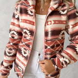 Cozy Women's Southwestern Plush Fleece Zip-Up Jacket in red orange, size XL, showcasing a soft fleece texture with a collar and long sleeves. The image emphasizes fashionable design details such as the neckline and the zip-up front, with the jacket being worn by a model.
