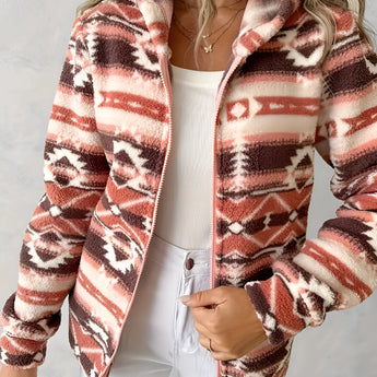 Cozy Women's Southwestern Plush Fleece Zip-Up Jacket in red orange, size XL, showcasing a soft fleece texture with a collar and long sleeves. The image emphasizes fashionable design details such as the neckline and the zip-up front, with the jacket being worn by a model.