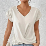 Elegant cream blouse with short sleeves and a stylish collar, designed for work and casual occasions. The women's top is shown in a white color and size XL, paired with jeans in the image.