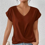 Elegant cream blouse with short sleeves, featuring a chestnut color, designed for women's work and casual wear in XL size.