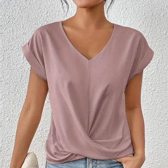Elegant cream blouse for women in a rose color, featuring short sleeves and a stylish collar, suitable for work and casual occasions, shown in size XL.