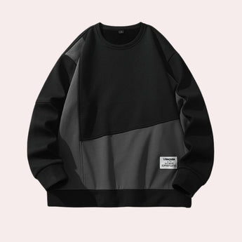 Unisex minimalist casual pullover in black, size XL, featuring a cream crewneck sweatshirt design with long sleeves, showcasing a simple logo pattern.