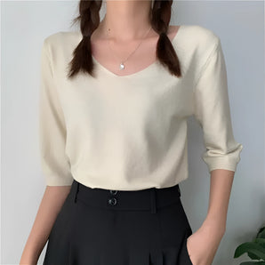 Cream three-quarter sleeve V-neck blouse modeled, showcasing elegant and versatile design suitable for business or casual wear.