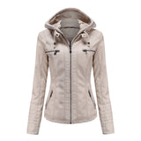 Cream women's fitted leather jacket with zipper details in beige, featuring a tailored design and long sleeves, displayed on a plain background.