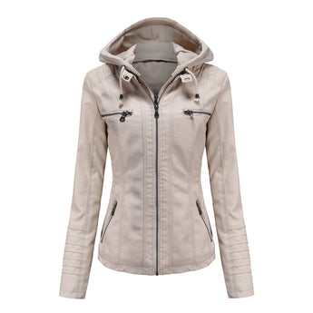 Cream women's fitted leather jacket with zipper details in beige, featuring a tailored design and long sleeves, displayed on a plain background.