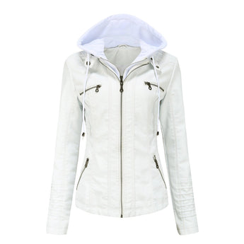 Cream women's fitted leather jacket with zipper details, featuring long sleeves, a collar, and a sleek, tailored design.