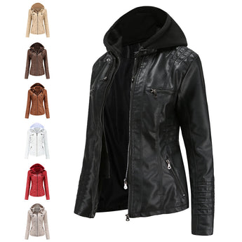 Cream women's fitted leather jacket with zipper details, featuring long sleeves and a stylish collar, designed for a sleek and fashionable look.