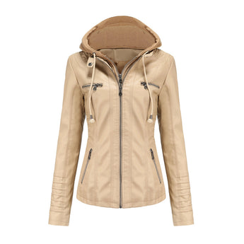 Cream women's fitted leather jacket with zipper details in apricot color, featuring long sleeves, a structured collar, and pockets, made from natural materials.