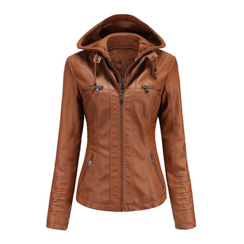 Cream women's fitted leather jacket in camel color, featuring zipper details and a classic collar. The jacket has long sleeves and is made from natural leather material, available in 4XL size.