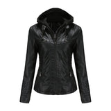
A black 4XL women's fitted leather jacket with zipper details, featuring a stylish collar and long sleeves.
