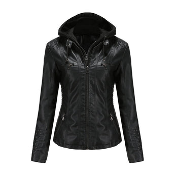 
A black 4XL women's fitted leather jacket with zipper details, featuring a stylish collar and long sleeves.