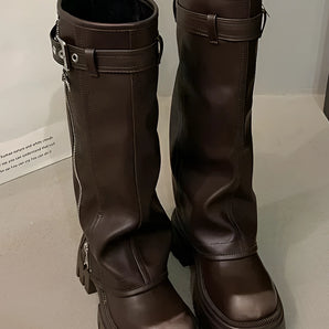 Dark brown leather high ankle military boots with buckle detail, featuring a durable synthetic rubber sole, designed for both fashion and functionality.