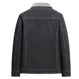 Men's dark denim jacket featuring a shearling collar, long sleeves, and stylish details suitable for winter wear.