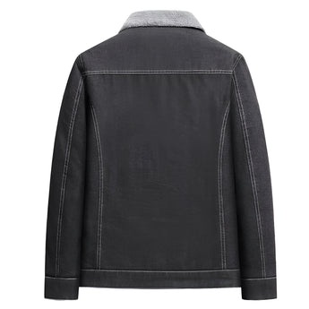 Men's dark denim jacket featuring a shearling collar, long sleeves, and stylish details suitable for winter wear.