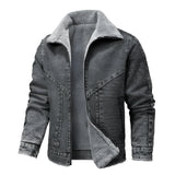 Men's dark denim shearling collar jacket in gray, size 3XL, featuring a stylish and warm design with long sleeves, button closure, and a cozy shearling collar, perfect for winter wear.