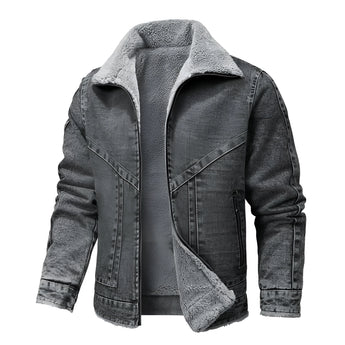 Men's dark denim shearling collar jacket in gray, size 3XL, featuring a stylish and warm design with long sleeves, button closure, and a cozy shearling collar, perfect for winter wear.