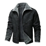 Men's black dark denim shearling collar jacket in size 3XL, featuring long sleeves, button closure, and stylish winter outerwear design.