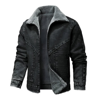 Men's black dark denim shearling collar jacket in size 3XL, featuring long sleeves, button closure, and stylish winter outerwear design.