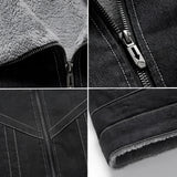 Men's dark denim jacket featuring a shearling collar, long sleeves, and stylish grey accents perfect for winter outerwear.