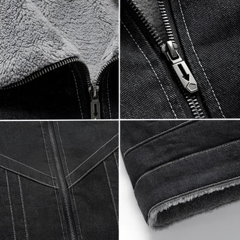 Men's dark denim jacket featuring a shearling collar, long sleeves, and stylish grey accents perfect for winter outerwear.