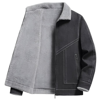 Men's dark denim jacket featuring a shearling collar, long sleeves, button-down front, and pockets, designed as stylish winter outerwear.