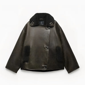 Dark Green Cropped Shearling Collar Leather Aviator Jacket
