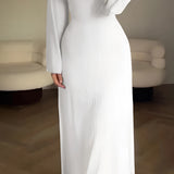 
A white pleated A-line dress with bishop sleeves, featuring a formal evening wear style, designed in a one-piece garment form.
