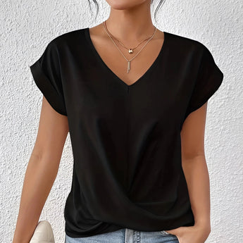 Dark green satin V-neck blouse with a twist front design, featuring long sleeves and tailored for women's office wear.