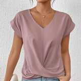 Dark green satin V-neck blouse with a twist front design, suitable for women's office wear.