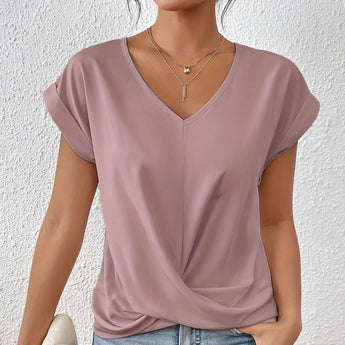 Dark green satin V-neck blouse with a twist front design, suitable for women's office wear.