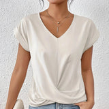 Dark green satin V-neck blouse with a twist front design, featuring long sleeves and tailored for women's office wear.