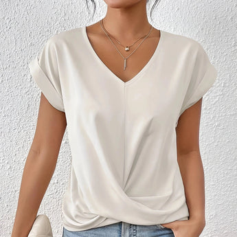 Dark green satin V-neck blouse with a twist front design, featuring long sleeves and tailored for women's office wear.