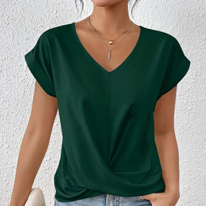 Dark green satin V-neck twist front blouse with long sleeves, designed for women's office wear in size 2XL.