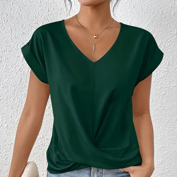 Dark green satin V-neck twist front blouse with long sleeves, designed for women's office wear in size 2XL.