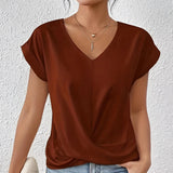 Dark green satin V-neck blouse with a twist front design, suitable for women's office wear.