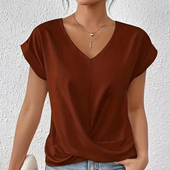 Dark green satin V-neck blouse with a twist front design, suitable for women's office wear.