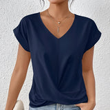 
A stylish women's blouse in dark green satin featuring a V-neckline and a twist front design, suitable for office wear. The blouse has long sleeves and a smooth, lustrous finish.