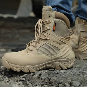 Sand-colored Delta Tactical Boots designed for military combat and all-terrain hiking, shown outdoors on grass, highlighting their rugged construction ideal for rough environments.