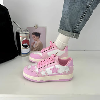 Pink denim and suede sneakers with star design, featuring a trendy urban style; shown in size 40.