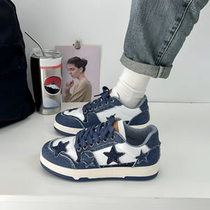 Denim & Suede Star Design Sneakers in blue, size 40, showcasing a trendy and urban fashion style ideal for outdoor activities.