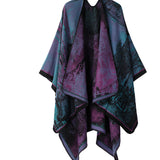 Elegant purple designer wool poncho with bohemian patterns, featuring a collar and sleeves, suitable for fall fashion.