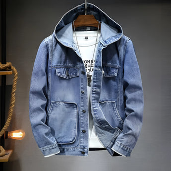 Men's distressed light wash hooded denim jacket in Paradiso color, featuring a casual streetwear design with long sleeves, a collar, button closures, and made from natural materials.