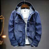 Men's distressed light wash hooded denim jacket in electric blue, featuring long sleeves, a button-up front, and a collar, designed for streetwear fashion in size 4XL.
