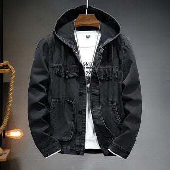 Men's streetwear distressed light wash hooded denim jacket in Nero color, size 4XL, featuring a classic collar, button-up front, and long sleeves.