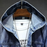 Men's streetwear distressed light wash hooded denim jacket featuring long sleeves, a collar, and a stylish fashion design.