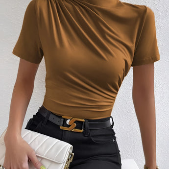 
A trendy women's draped black short sleeve top showcasing a fashionable silhouette with a focus on the shoulder and neck area, styled in a brown color variant in size 2XL.