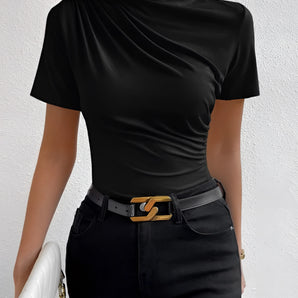 Draped black short sleeve top in size 2XL, featuring a stylish design with a relaxed fit on the shoulders and neck, suitable for trendy women's fashion.