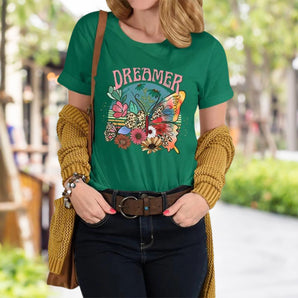 Bohemian style women's green Dreamer Butterfly Graphic Tee in 3XL, featuring long sleeves and a comfortable fit, paired with jeans.